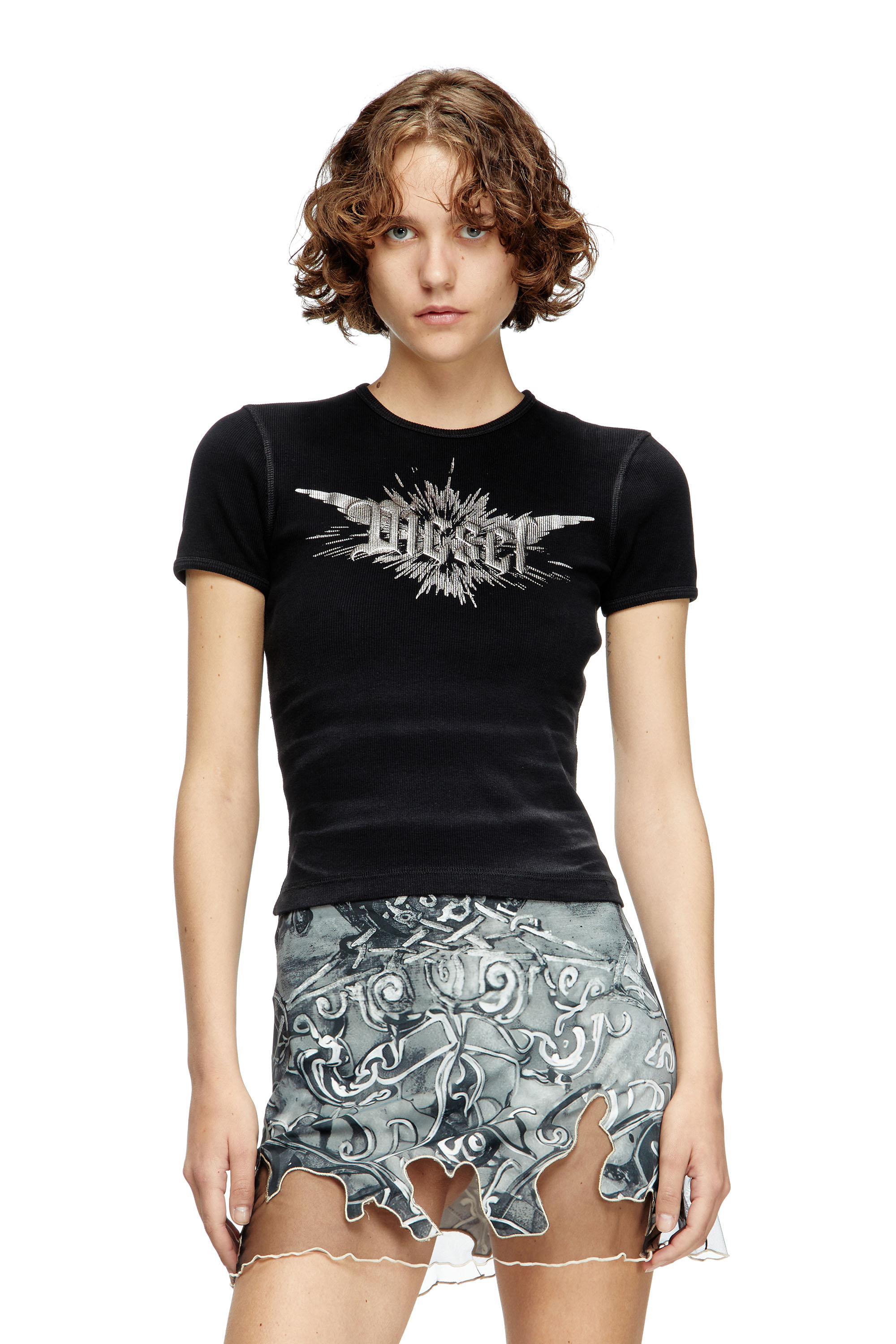 Diesel - T-ELE-LONG-P2, T-shirt avec imprimé métallisé Diesel ailé Femme in Noir - 1